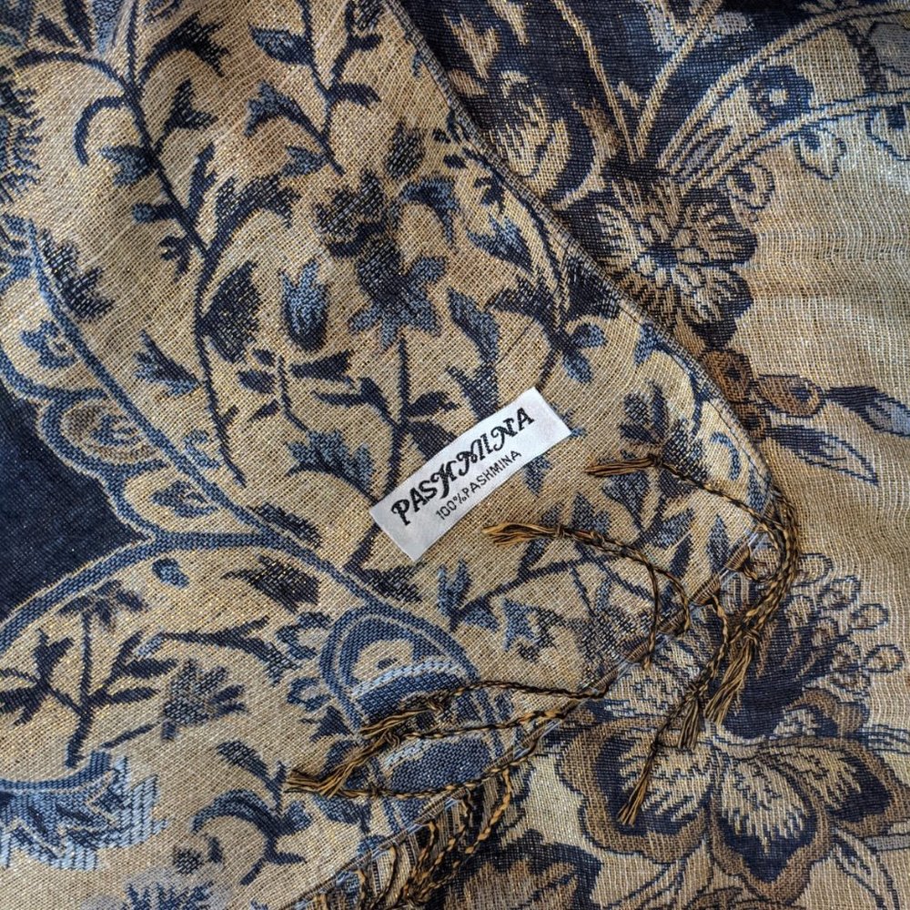 NWOT - 100% Pashmina Wrap, Scarf - Floral Metallic